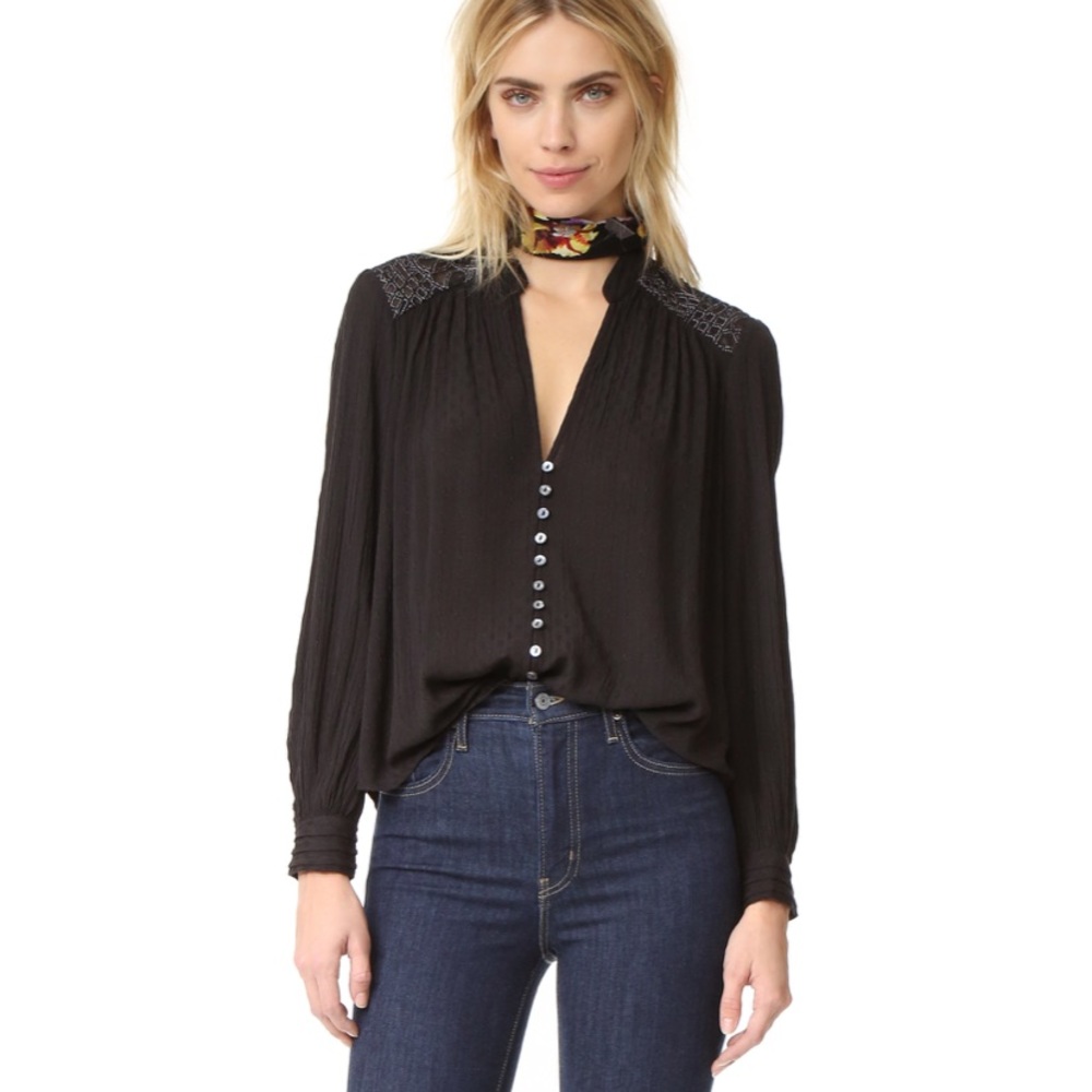 Free People Canyon Rose Black Button Down Top